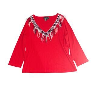 Carole Little Sport Vintage Red Fringe V Neck Blouse Boho Knit Top XL NWT